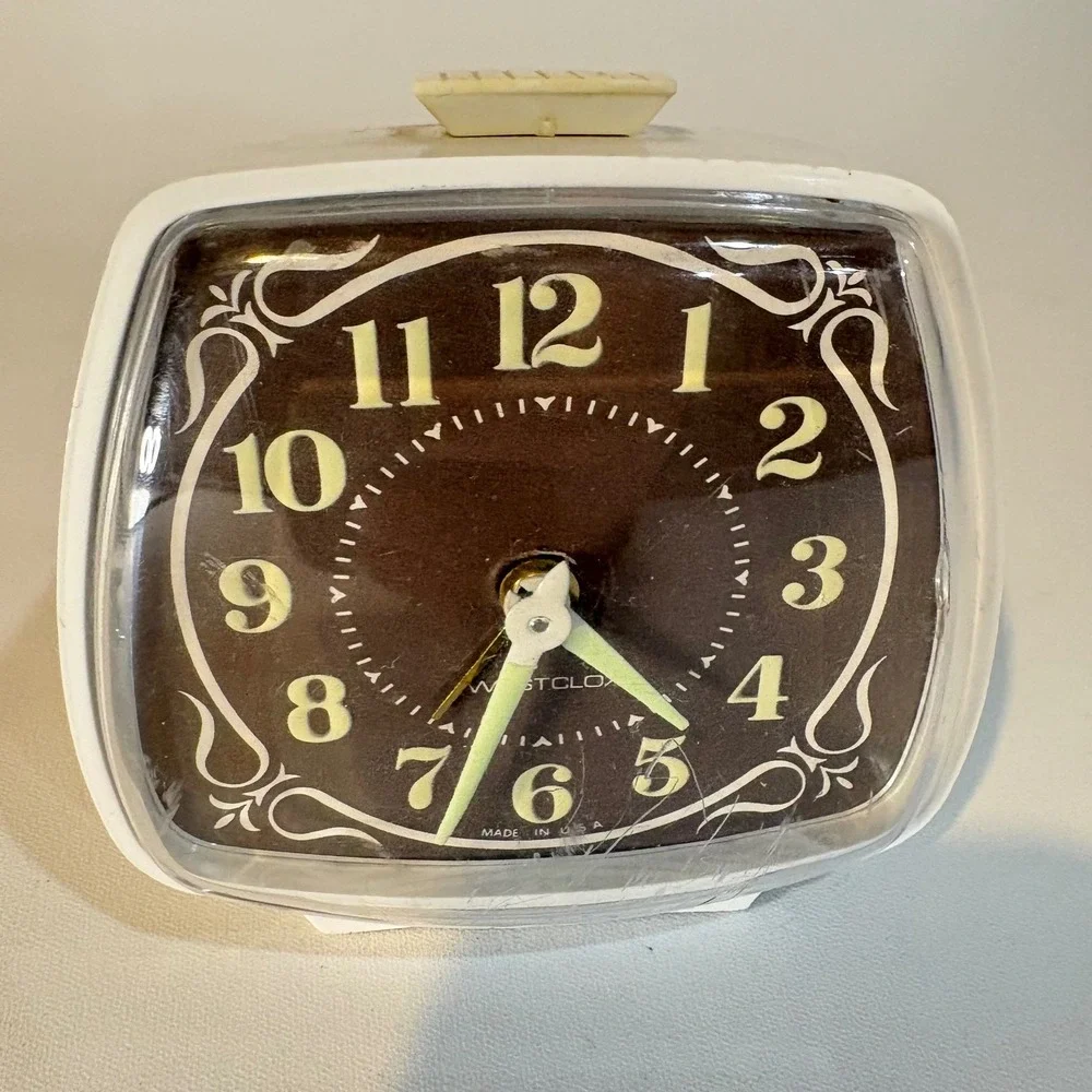 Vintage Westclox Wind Up Alarm Clock Luminous Glow Dial White Brown Made in USA